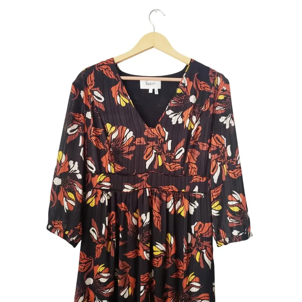 ba&sh Floral Print Midi Dress Black Size Large (US 10)